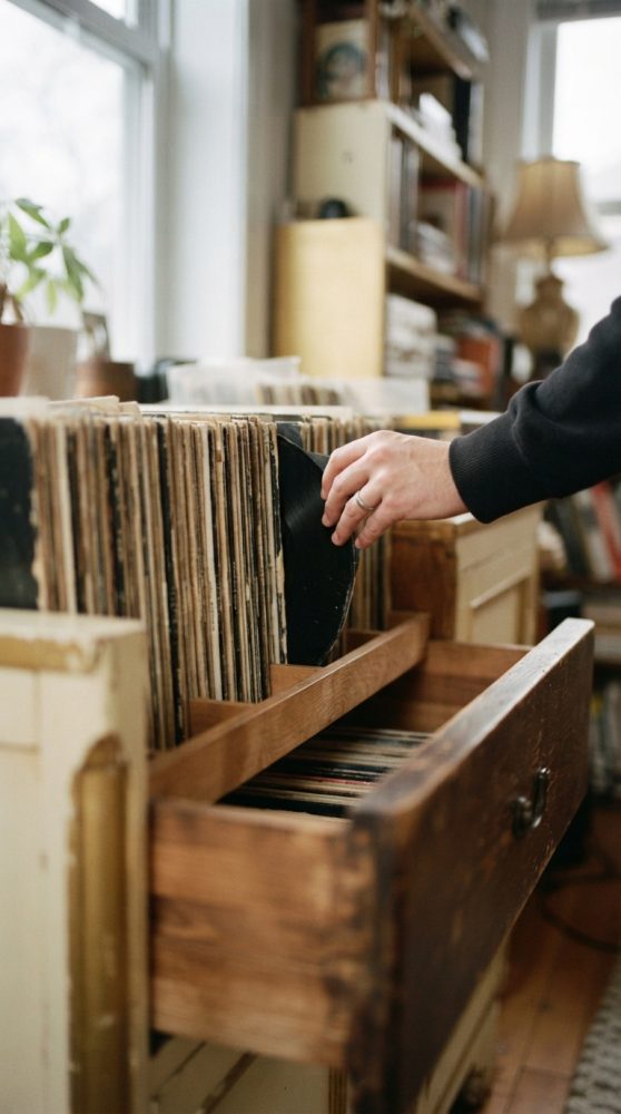 Mão a retirar disco vinil antigo de gaveta de móvel de madeira vintage num ambiente com estante e plantas