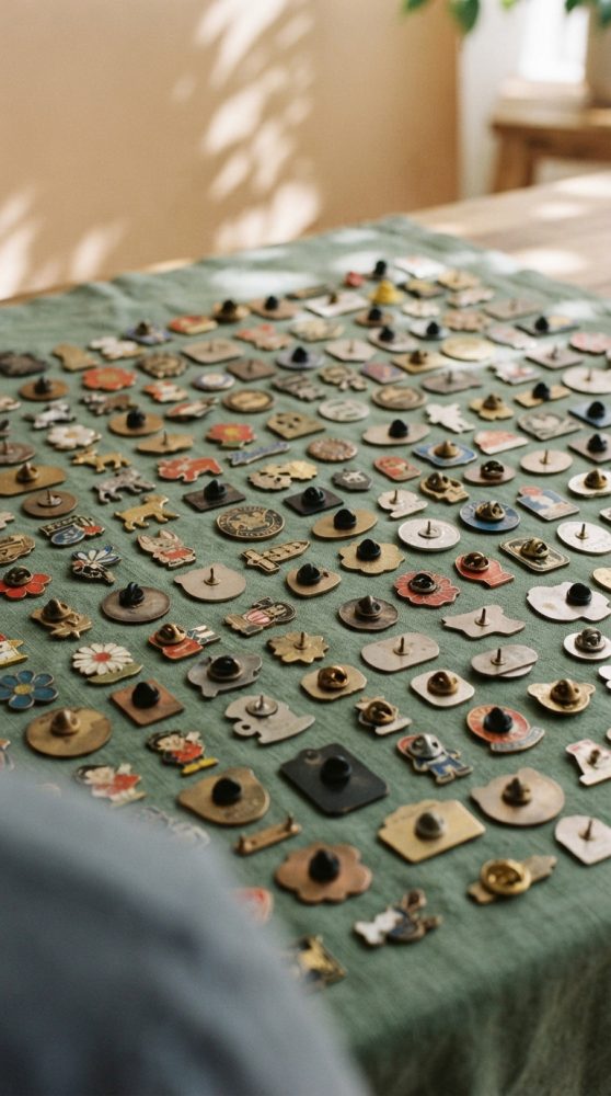 Conjunto de vários pins vintage coloridos organizados sobre tecido verde