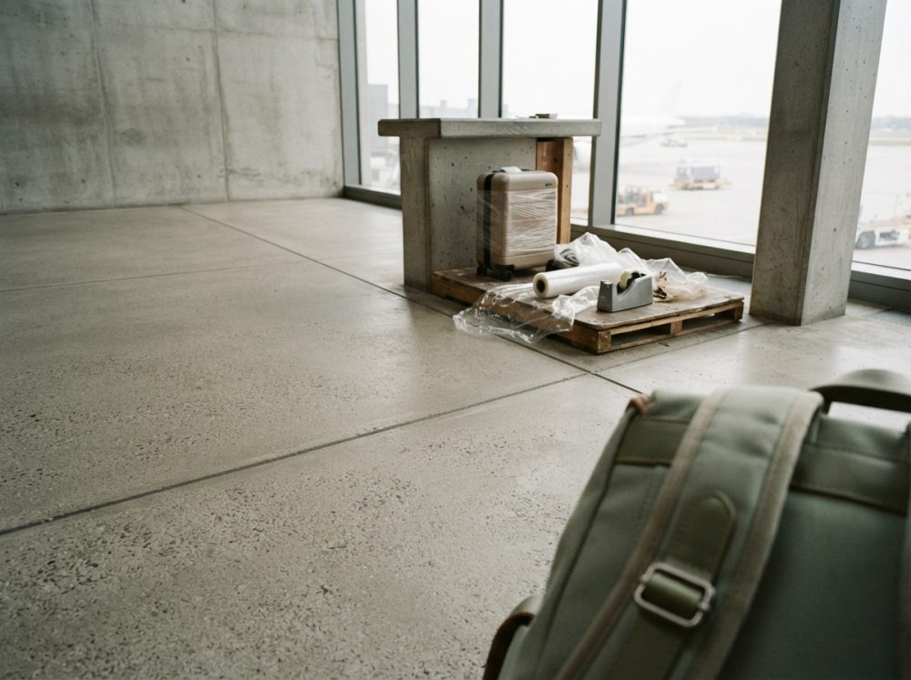 Mala de viagem pequena, mochila e palete junto a janela de aeroporto com vista para a pista de aviação