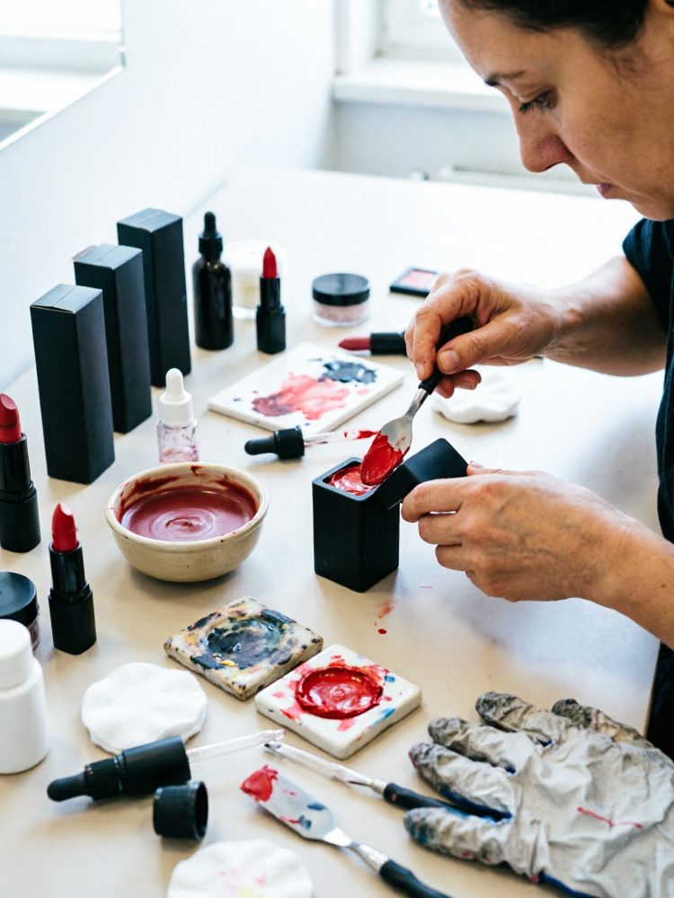 Pessoa a preparar batom vermelho com utensílios e cosméticos numa bancada branca
