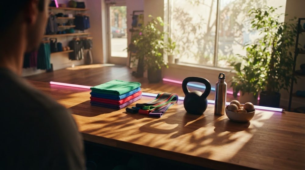 Mesa com toalhas, bandas elásticas, kettlebell, garrafa e frutos numa loja com luz natural e plantas