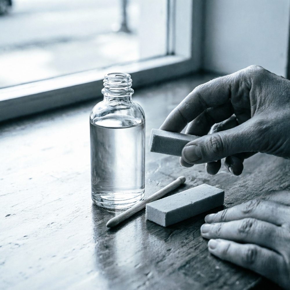 Mãos manuseando esponja ao lado de garrafa de vidro e palitos de madeira para cuidados de beleza