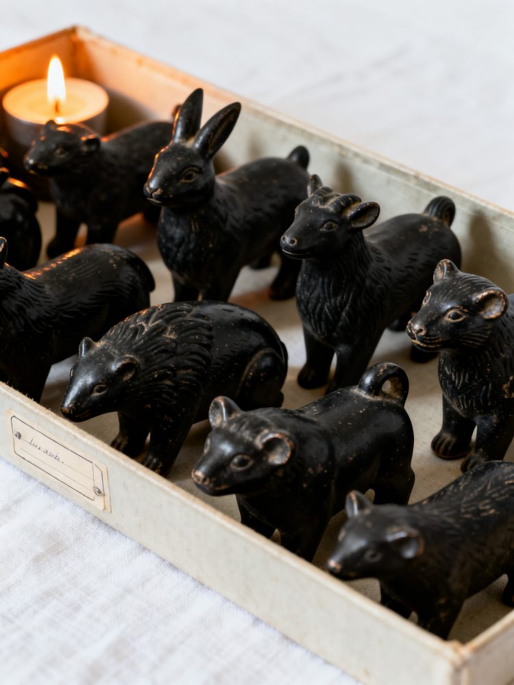 Mini esculturas animais pretas em caixa clara com vela acesa ao fundo