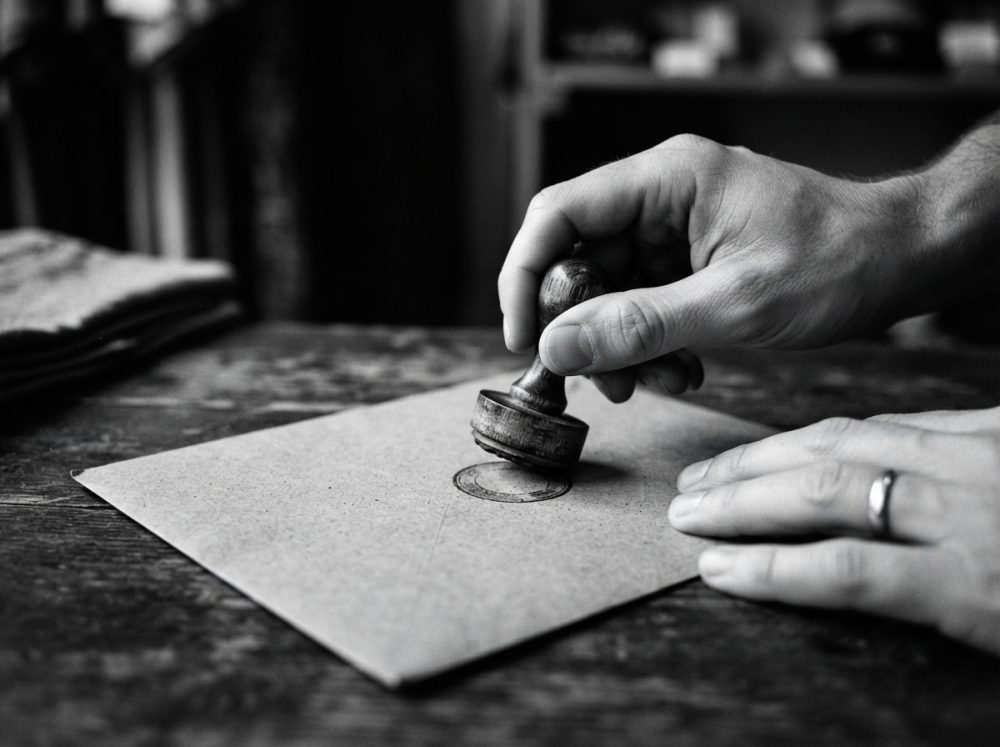Mãos a carimbar envelope de papel kraft com selo de madeira numa mesa rústica