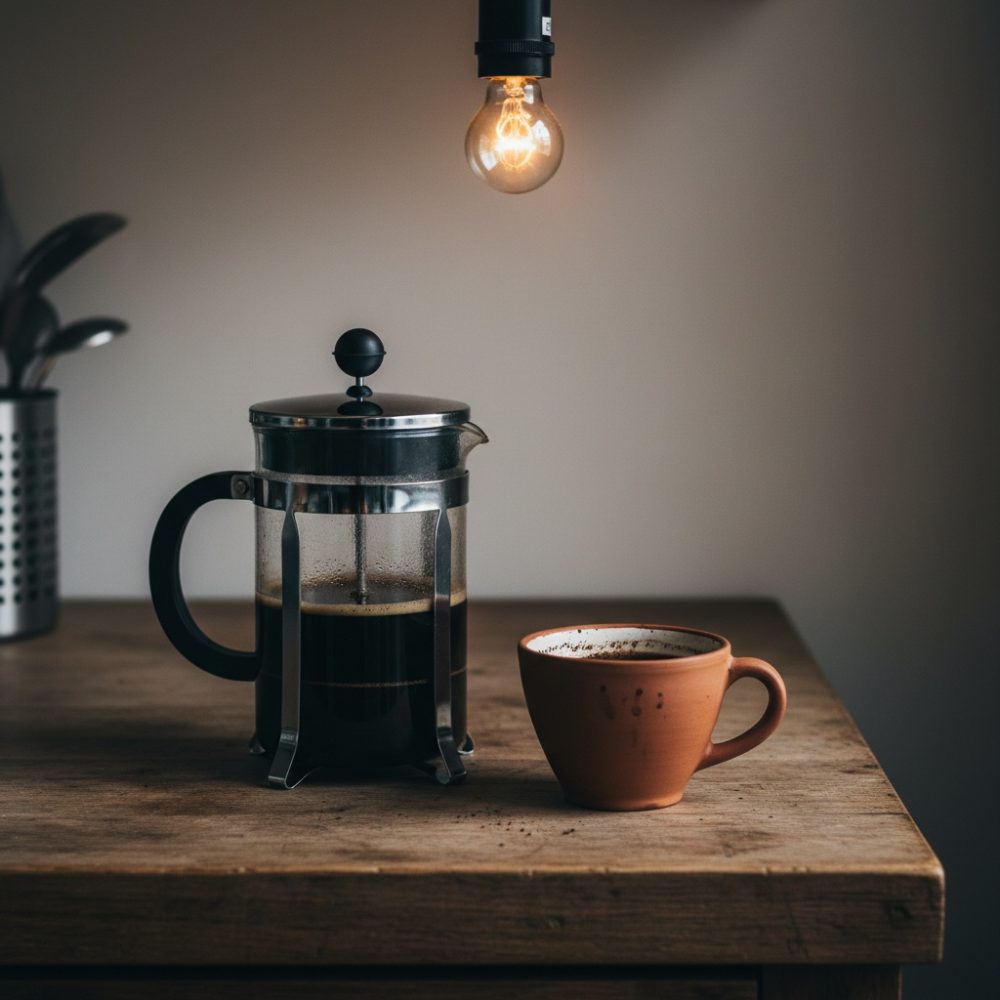 Cafeteira francesa com café e chávena de barro numa mesa de madeira rústica com luz quente