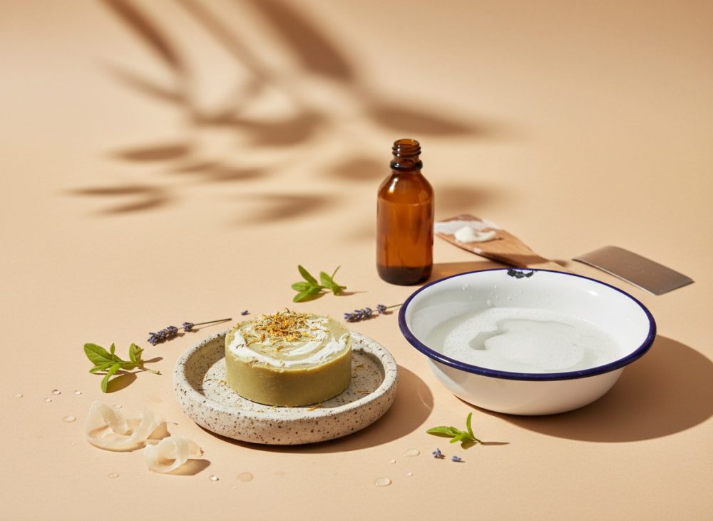 Sabonete artesanal verde numa taça cinza com espuma, frasco âmbar e plantas sobre fundo bege