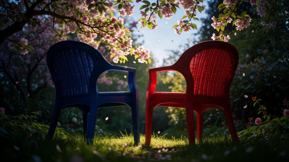 Cadeiras plásticas azul e vermelha em relva sob flores cor-de-rosa com luz suave ao entardecer