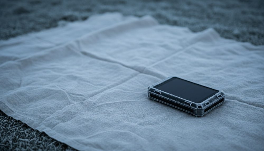 Dispositivo tecnológico com capa protetora sobre tecido branco em ambiente frio