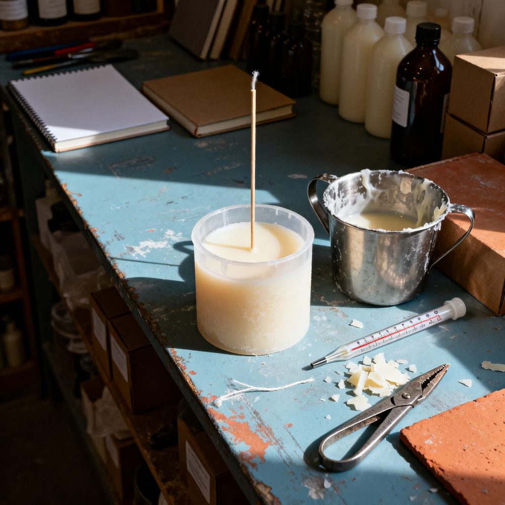 Mesa de trabalho com materiais e cera para fabrico artesanal de velas com pavio no centro