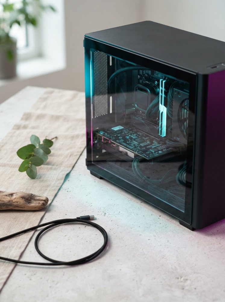 Computador de secretária com caixa preta e painel em vidro temperado numa mesa clara com cabo USB-C