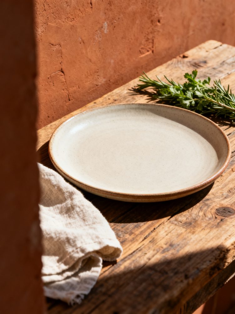 Prato cerâmico branco sobre mesa de madeira rústica com pano e ervas frescas ao lado, luz natural