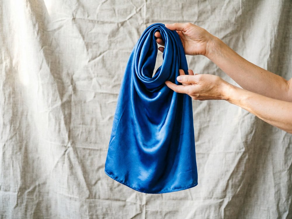 Mãos segurando lenço azul de seda com fundo texturizado branco