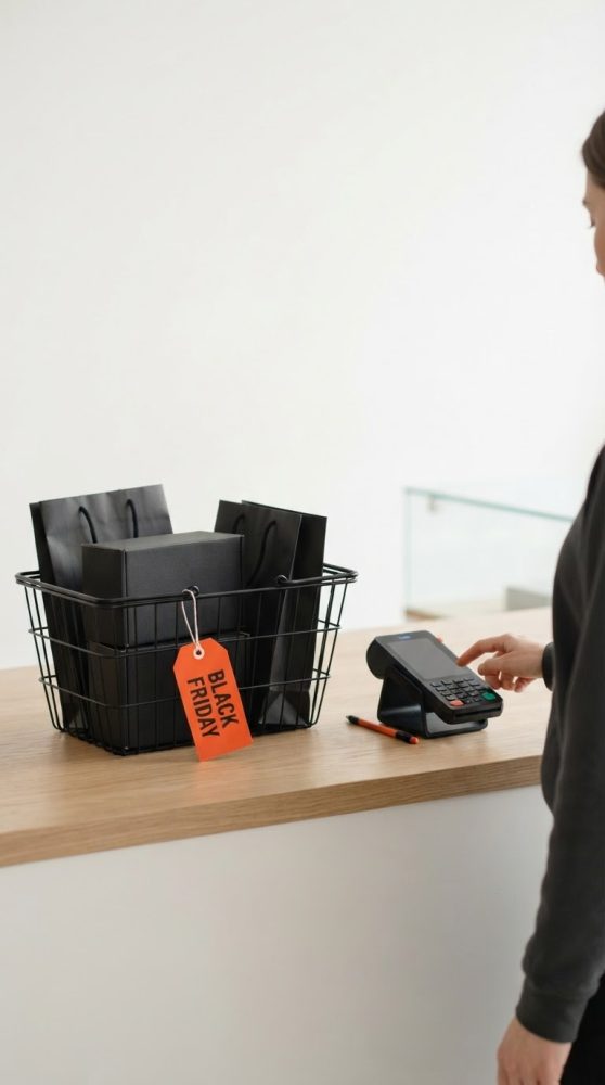 Cesta com sacos pretos e etiqueta vermelha Black Friday junto a terminal de pagamento numa loja