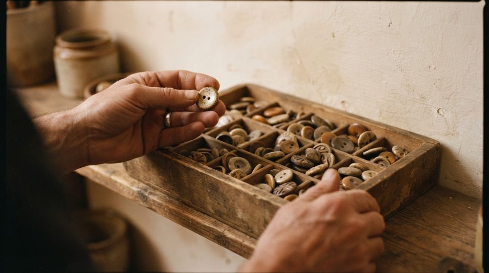 Mãos segurando botão antigo sobre caixa de madeira com botões vintage organizados