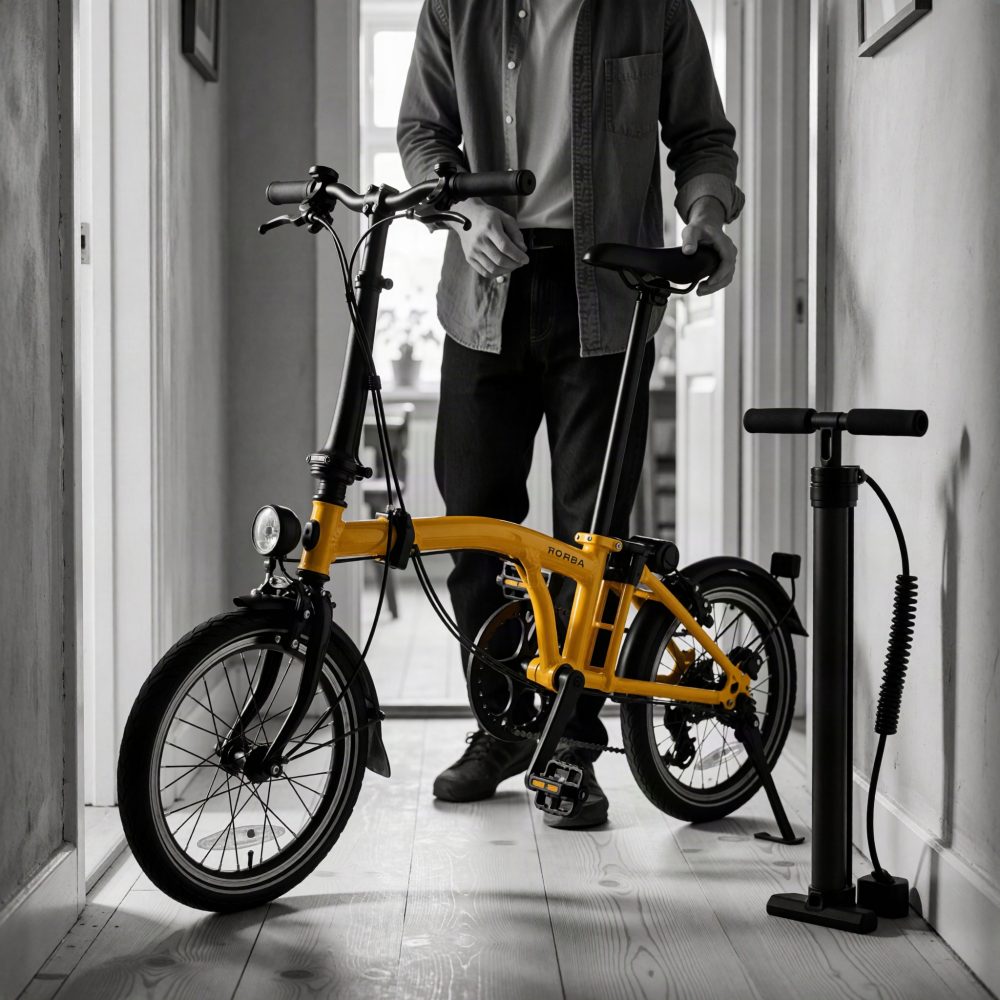 Bicicleta dobrável amarela com homem ao fundo e bomba de ar num corredor interior