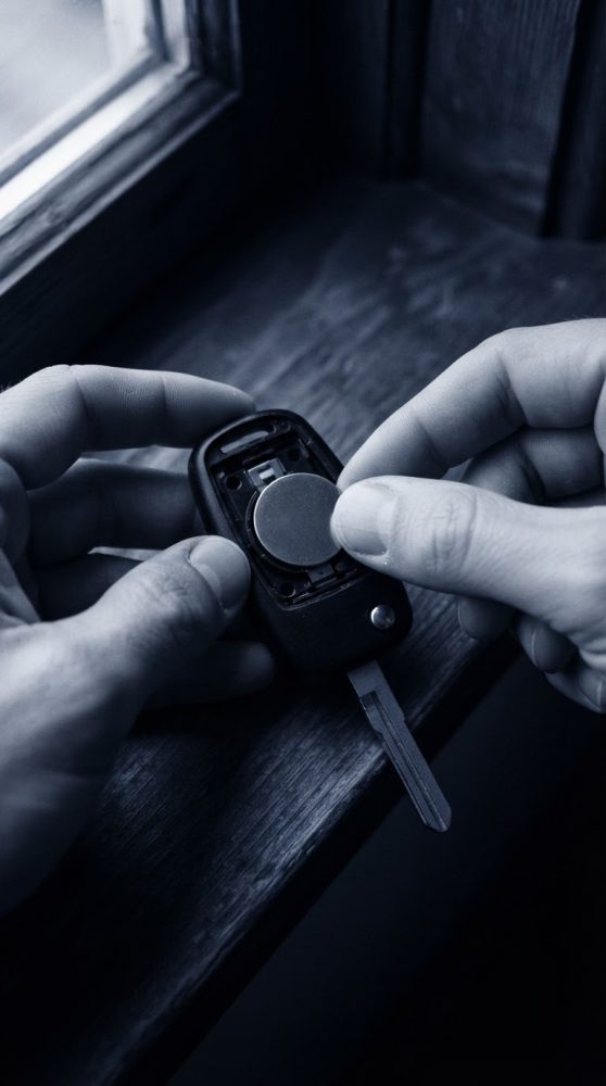 Mãos substituindo bateria num comando de automóvel junto à janela