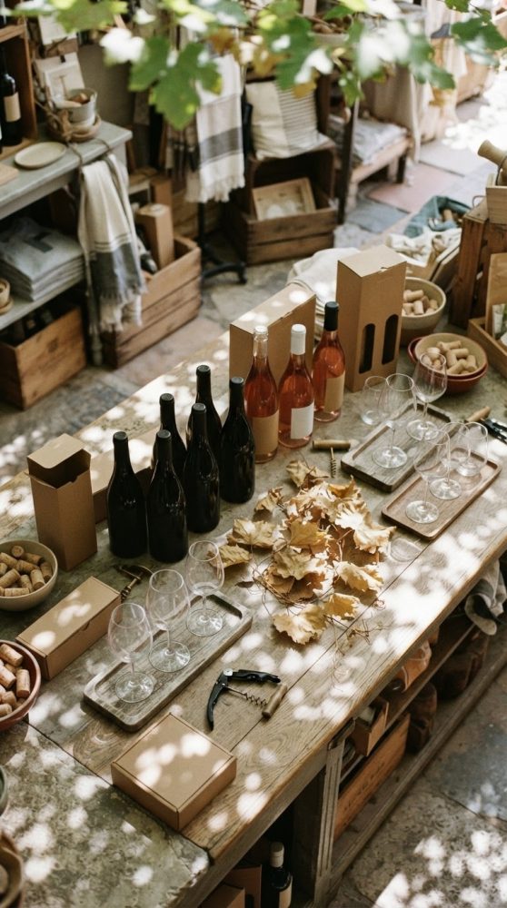 Mesa com garrafas de vinho, copos, rolhas e folhas secas numa loja rústica iluminada por luz natural