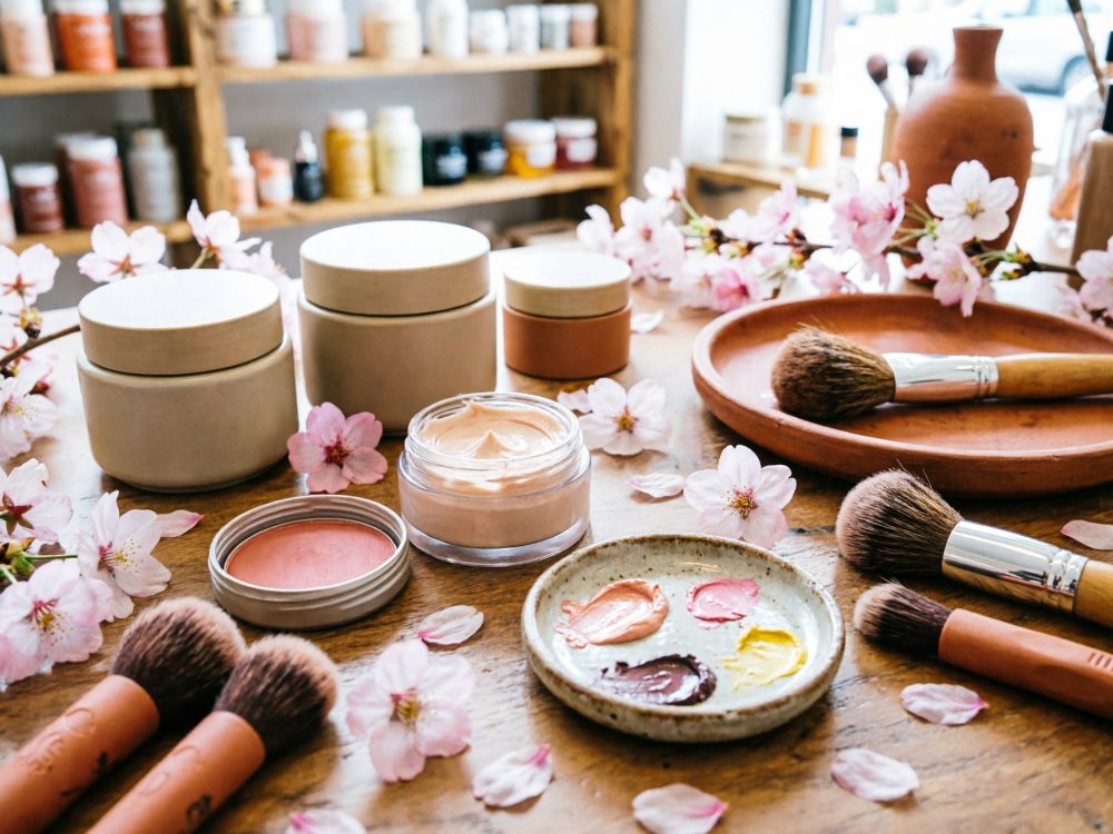 Produtos de maquiagem naturais com pincéis e flores de cerejeira sobre mesa de madeira