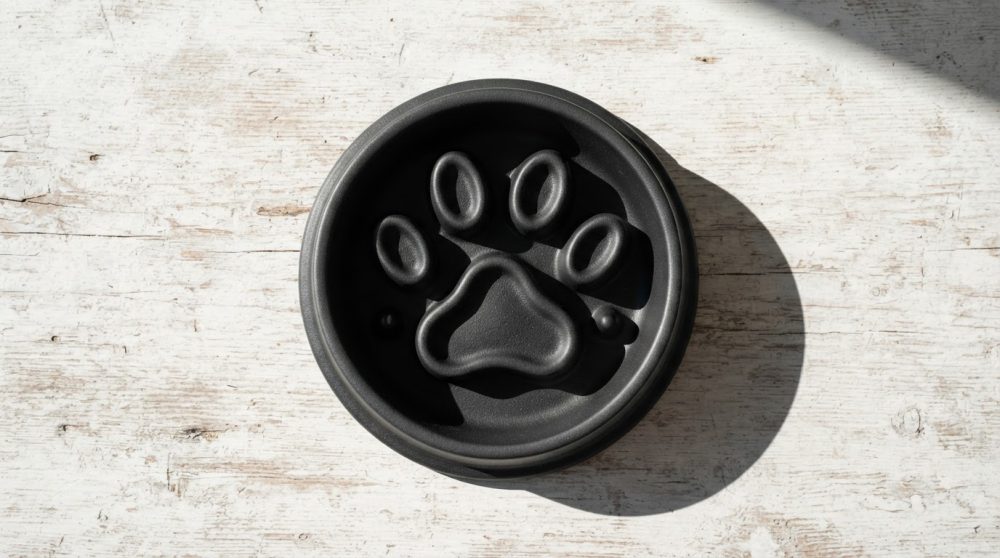 Comedouro preto de silicone com formato de pata de animal num fundo de madeira clara