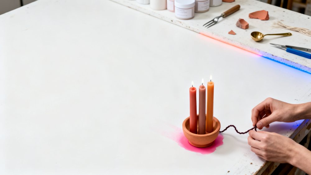 Três velas cónicas coloridas acesas numa taça de barro sobre bancada de trabalho artesanal.