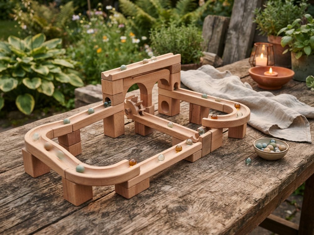 Pista de berlindes em madeira clara sobre mesa rústica num jardim, com bolas coloridas e velas acesas.