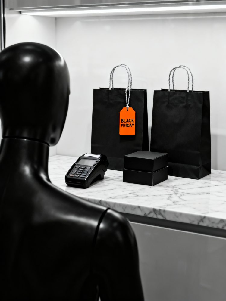 Manequim preto diante de sacos de compras Black Friday, caixas e terminal de pagamento num balcão de mármore.