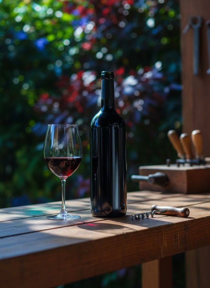 Garrafa de vinho tinto, taça servida e saca-rolhas sobre mesa de madeira com jardim desfocado.