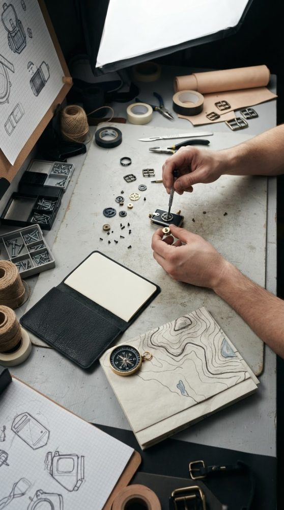 Artesão a montar estojo de couro com fivelas, bússola, mapa e ferramentas numa bancada