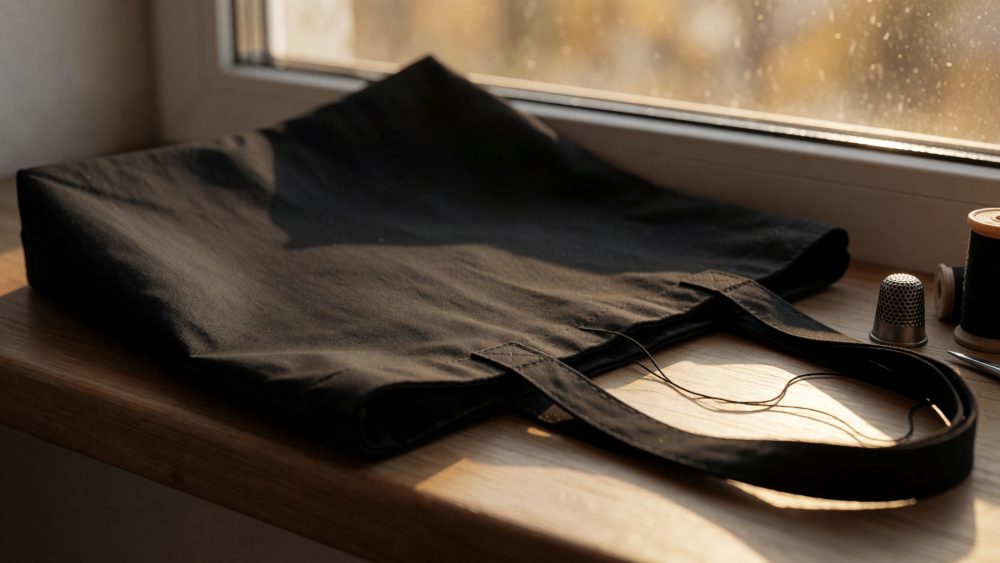 Saco tote preto em lona lisa sobre bancada de madeira, com linha e dedal junto a uma janela iluminada.