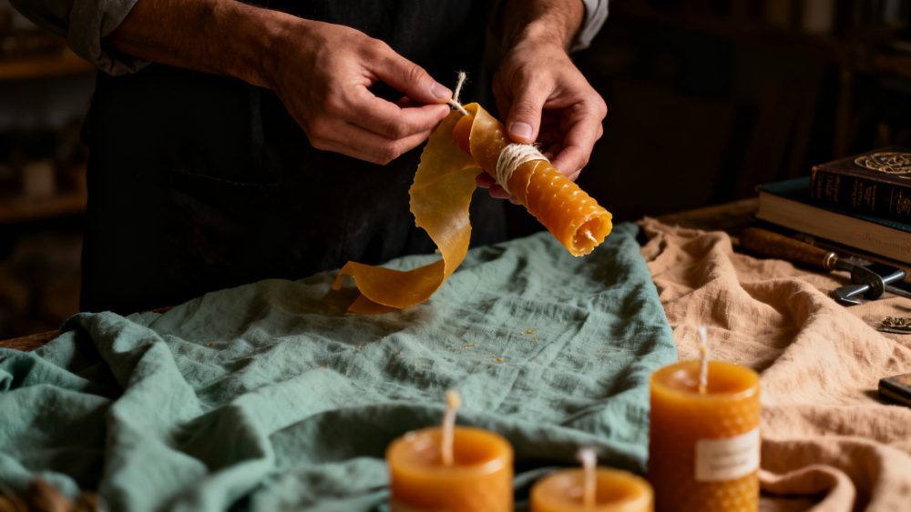 Mãos a enrolar uma vela de cera de abelha com pavio sobre tecidos rústicos, rodeada de velas acabadas.