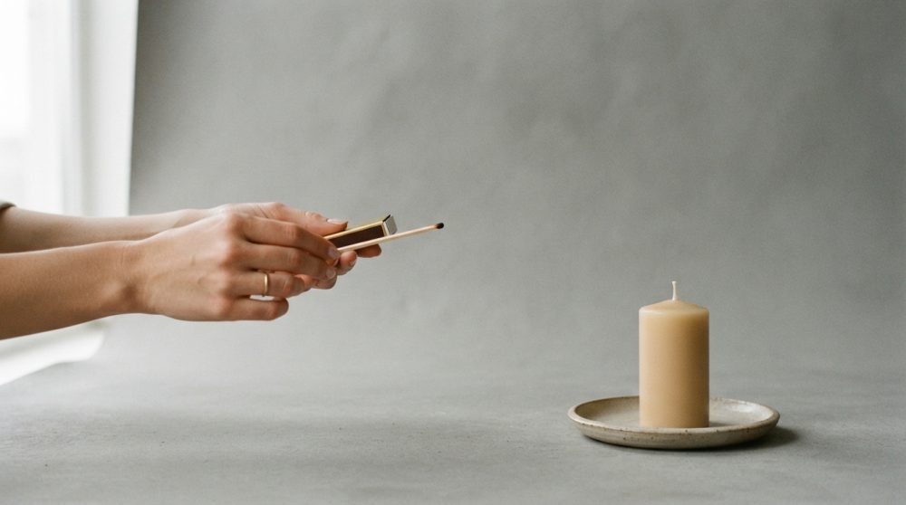 Mãos seguram um fósforo junto de uma vela cilíndrica bege sobre um prato de cerâmica cinzento.