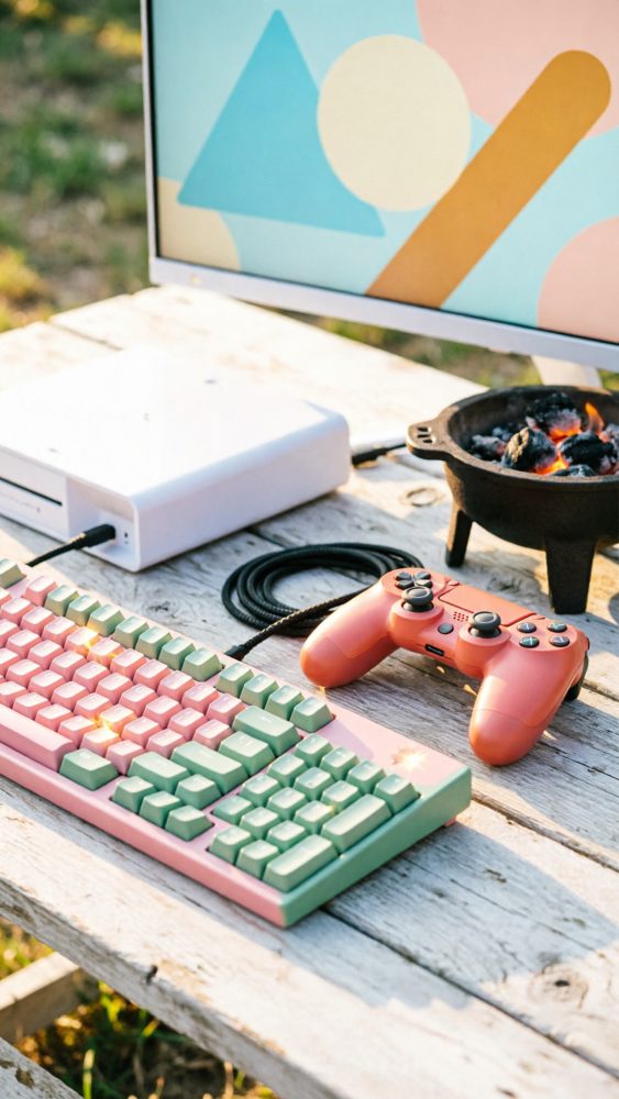 Teclado mecânico pastel e comando coral numa mesa de madeira, com consola branca e monitor ao ar livre.