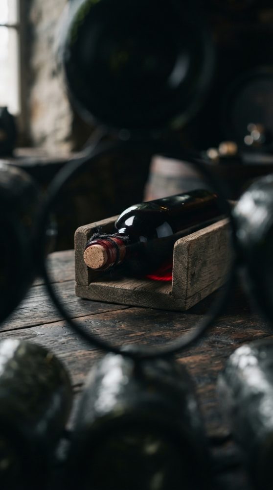 Garrafa de vinho tinto numa caixa de madeira rústica sobre mesa envelhecida, rodeada por garrafas desfocadas.