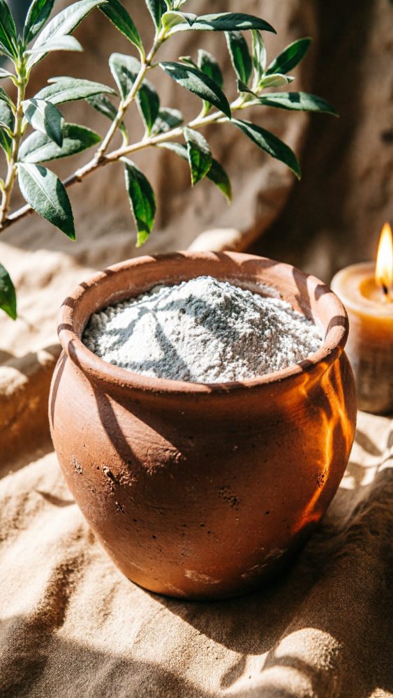 Taça de terracota com pó cinzento, folhas verdes e vela acesa sobre tecido bege.