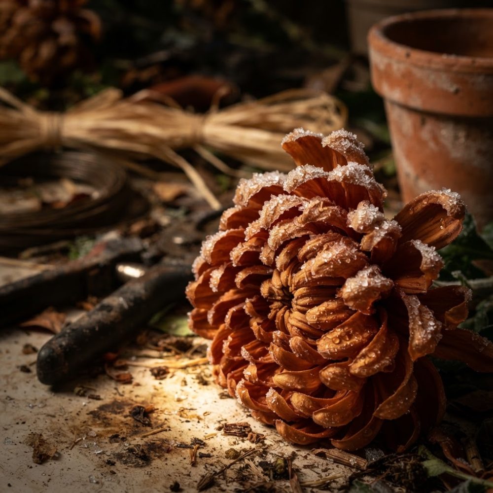 Flor seca castanha com cristais de gelo numa bancada de jardinagem, junto a vaso de terracota.