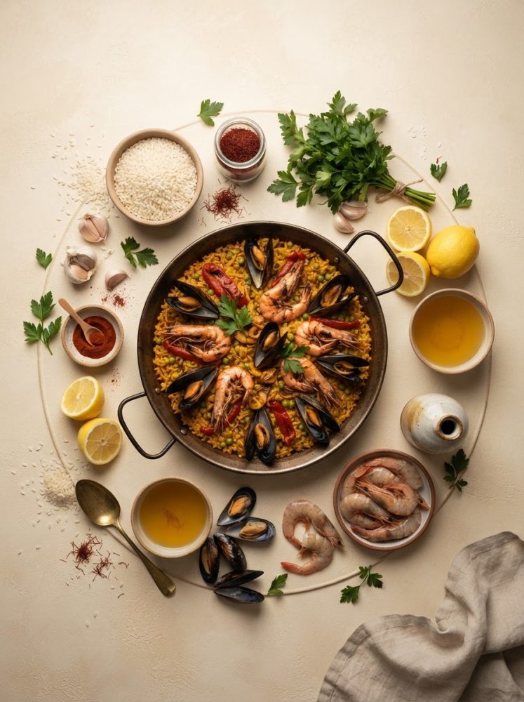 Paelha de marisco com camarões, mexilhões, arroz, limões, salsa e especiarias sobre fundo creme.