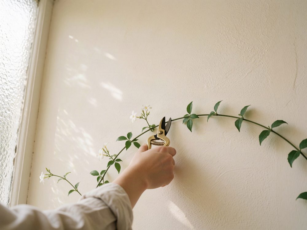 Mão com tesoura de poda dourada a cortar um ramo verde florido junto a uma janela