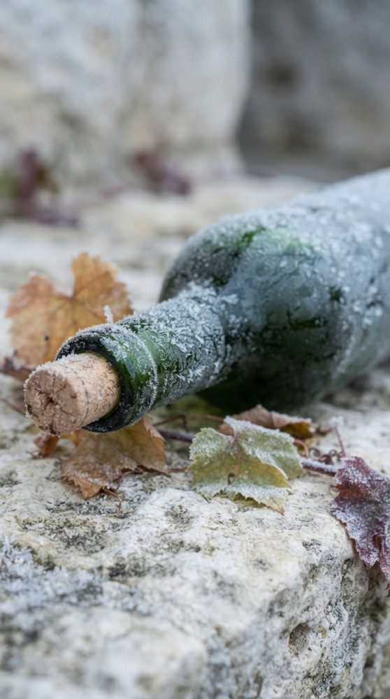 Garrafa verde de vinho com rolha de cortiça, coberta de geada sobre pedra e folhas de videira.