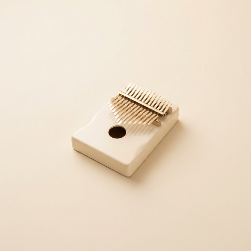 Kalimba branca com lâminas metálicas douradas sobre fundo creme, iluminada por luz suave.