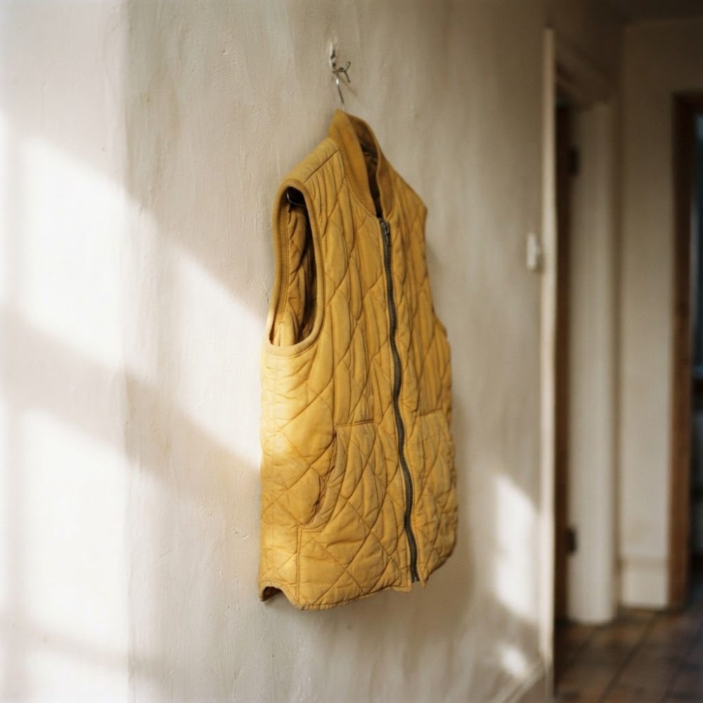Colete acolchoado amarelo com fecho pendurado numa parede clara, iluminado por luz solar lateral.