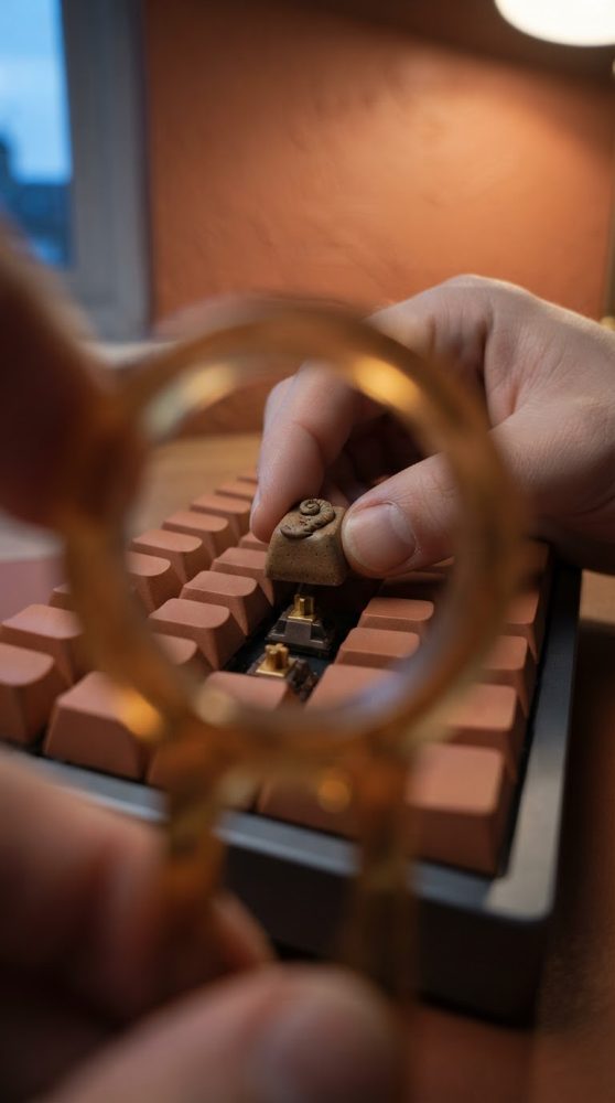 Mão a colocar uma tecla artesanal num teclado mecânico terracota, com auscultadores dourados desfocados em primeiro plano.