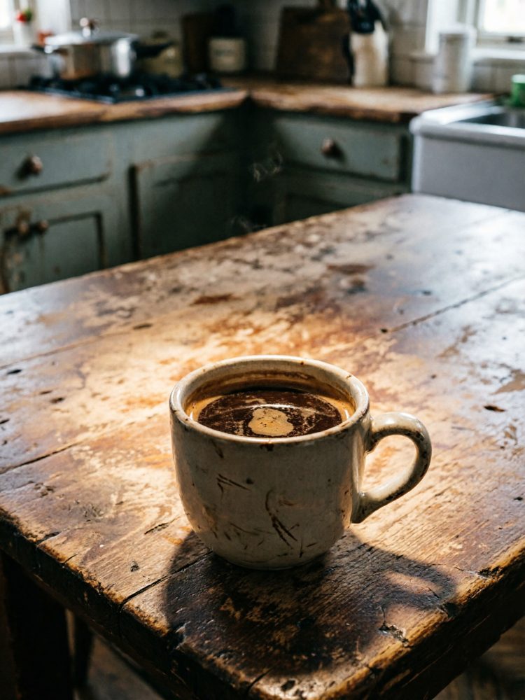 Chávena de cerâmica com café preto sobre mesa de madeira gasta numa cozinha rústica