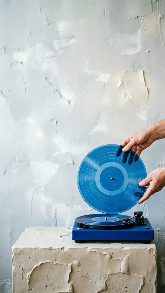 Mãos seguram um disco de vinil azul translúcido sobre um gira-discos azul junto a uma parede texturada.