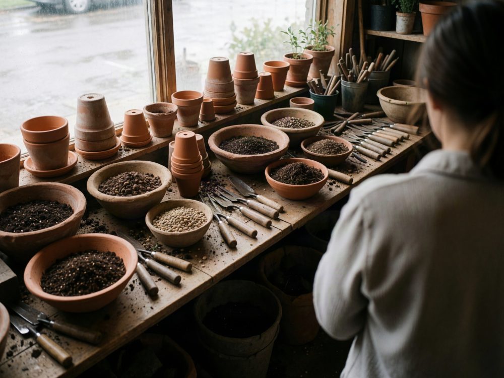 Bancada junto à janela com vasos de terracota, terra, sementes e ferramentas de jardinagem.