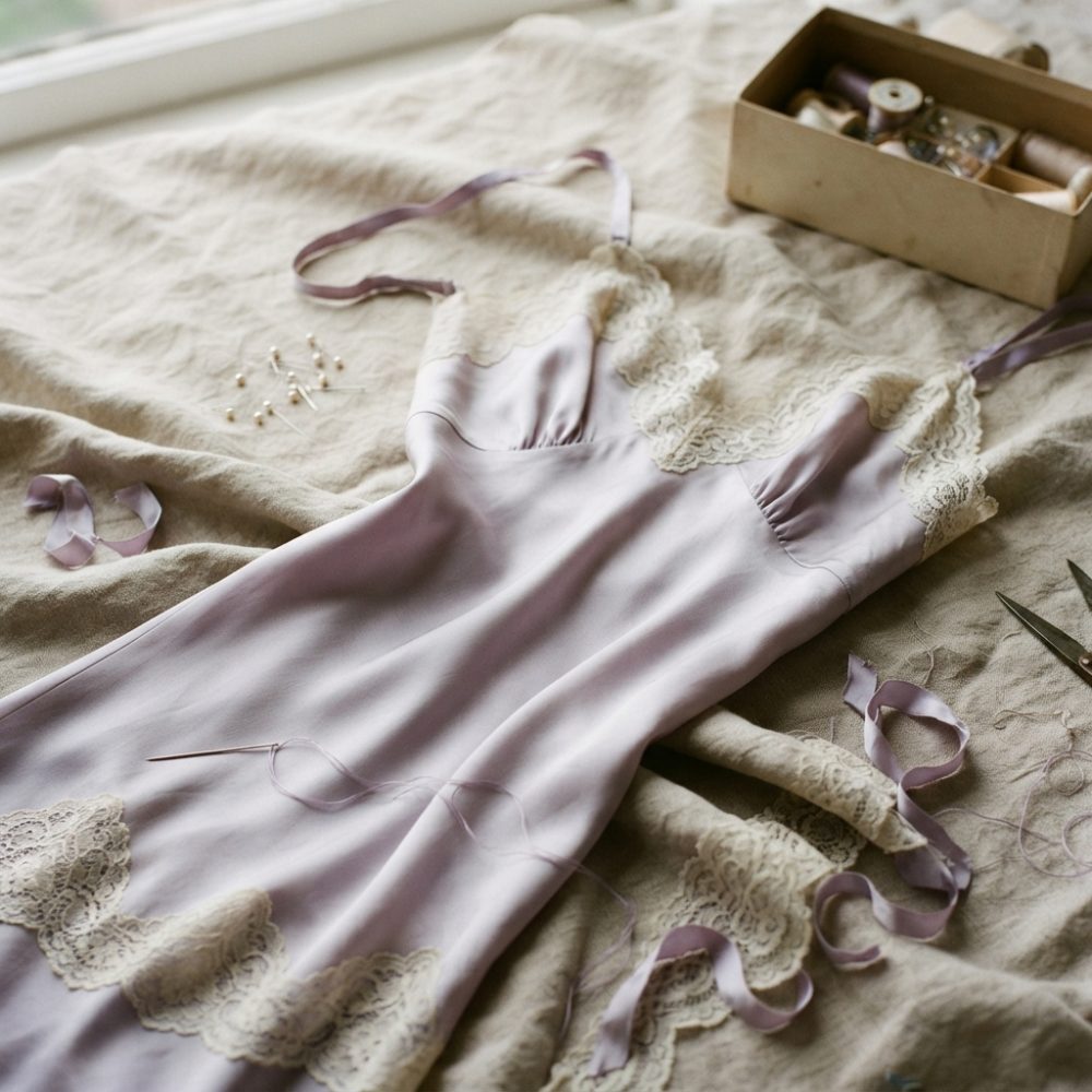 Camisola lilás de cetim com renda creme sobre tecido claro, rodeada de fitas e acessórios de costura.