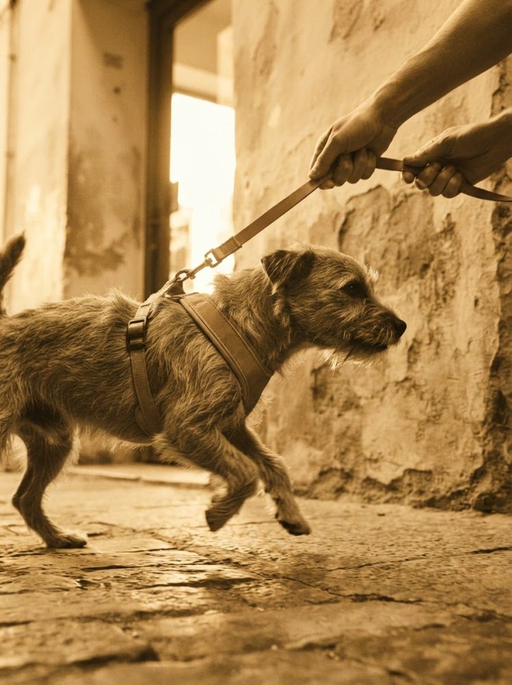Cão de pelo áspero com arnês castanho e trela, em movimento num corredor de paredes gastas.