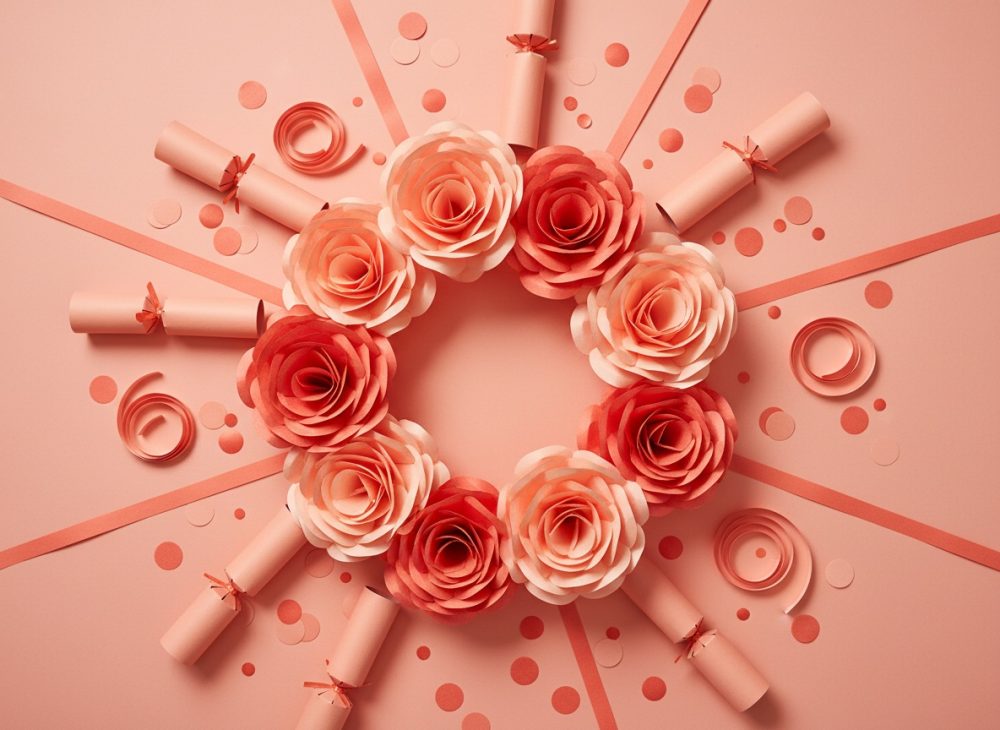 Coroa de flores de papel coral com confetis, fitas e rolos decorativos sobre fundo rosa.