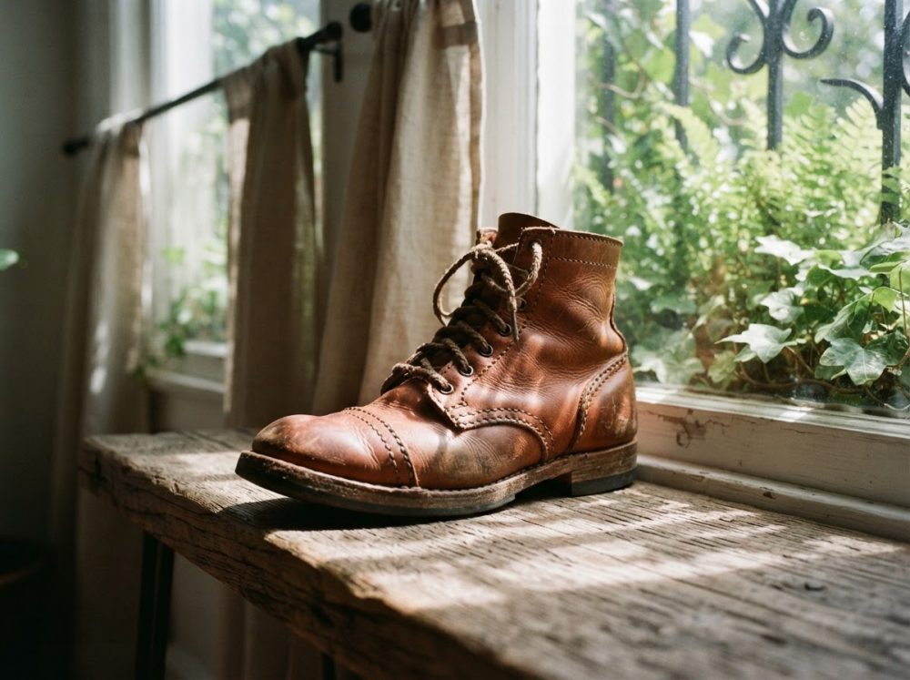 Bota de couro castanho com atacadores sobre um banco de madeira junto a uma janela com cortinas e vegetação exterior.