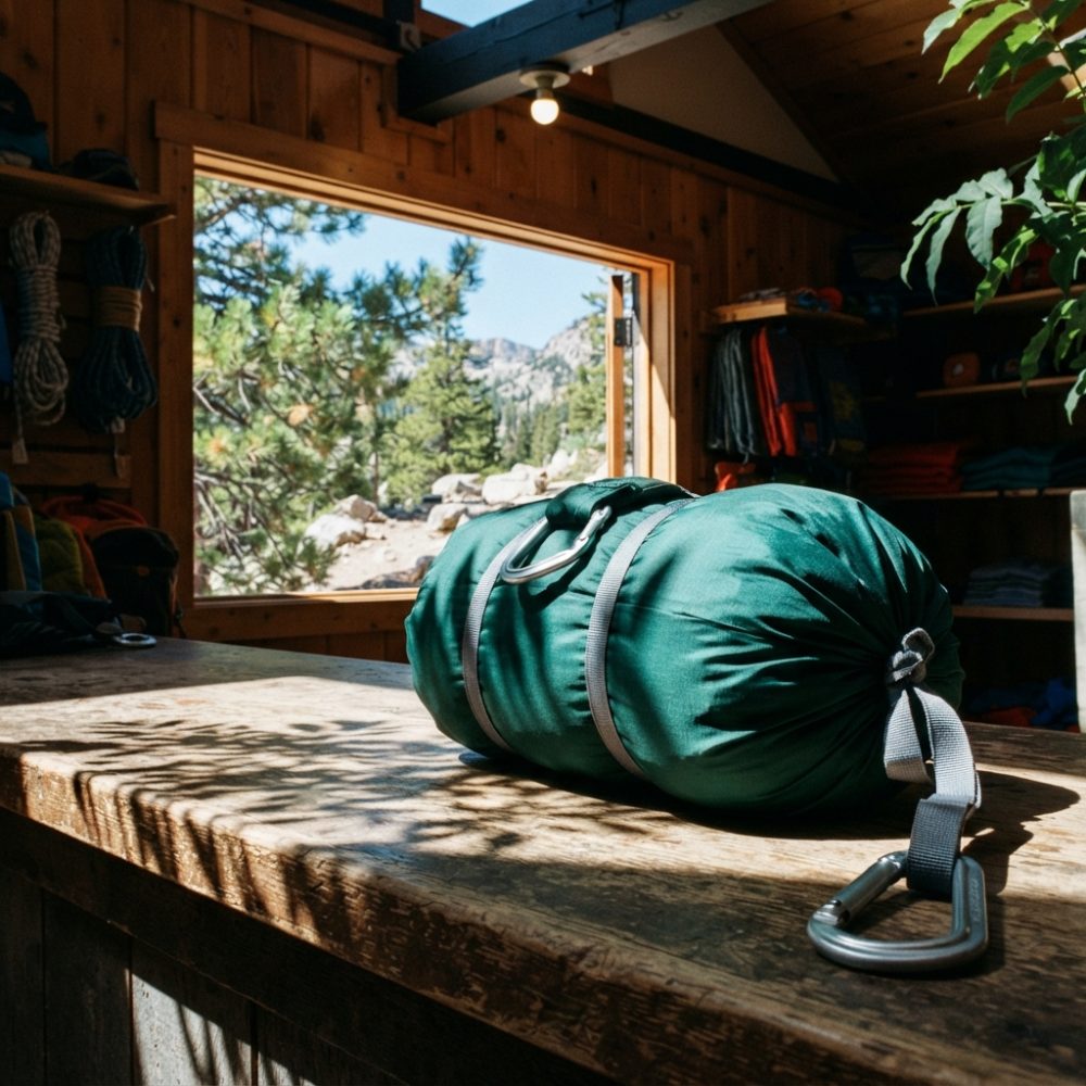 Saco-cama verde enrolado com fitas e mosquetões sobre mesa de madeira numa cabana de montanha