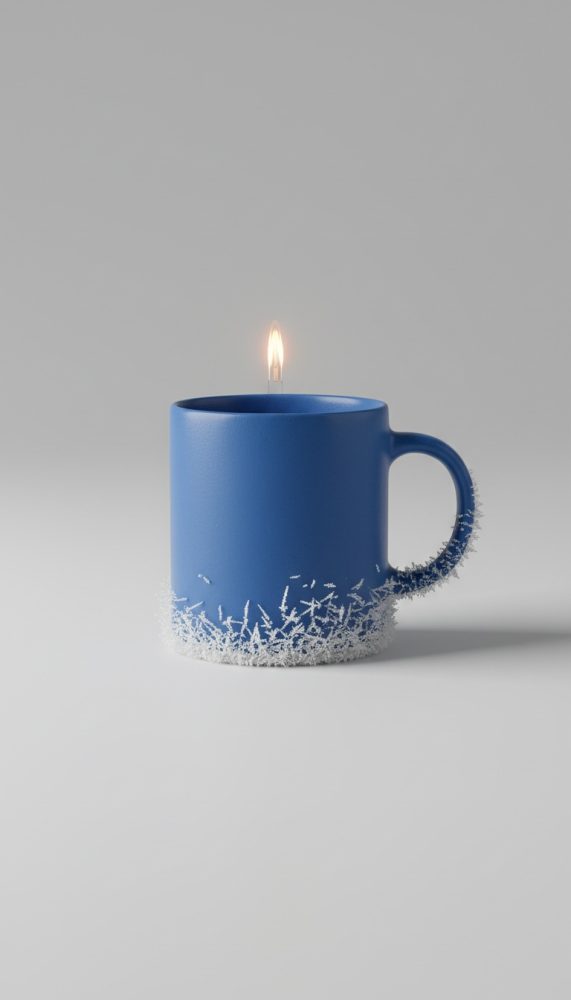 Caneca azul mate com cristais brancos de geada na base e pequena chama, sobre fundo cinzento.